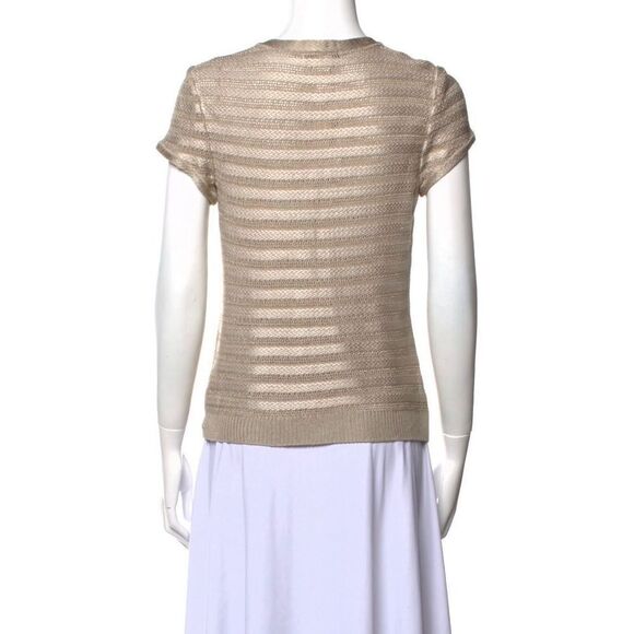 ST JOHN Plunging Neckline Knit Short Sleeve Sweater Button Front Beige Large - Picture 3 of 16